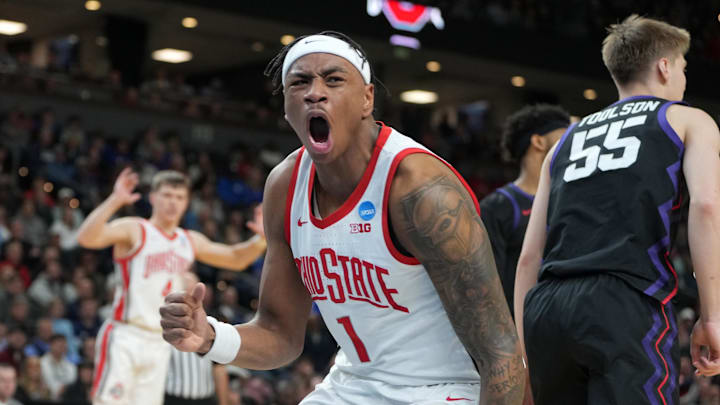 Mar 19, 2026; Greenville, SC, USA; Ohio State Buckeyes forward Amare Bynum (1) reacts against the Texas Christian University Horned Frogs in the second half during a first round game of the men's 2026 NCAA Tournament at Bon Secours Wellness Arena. Mandatory Credit: Bob Donnan-Imagn Images