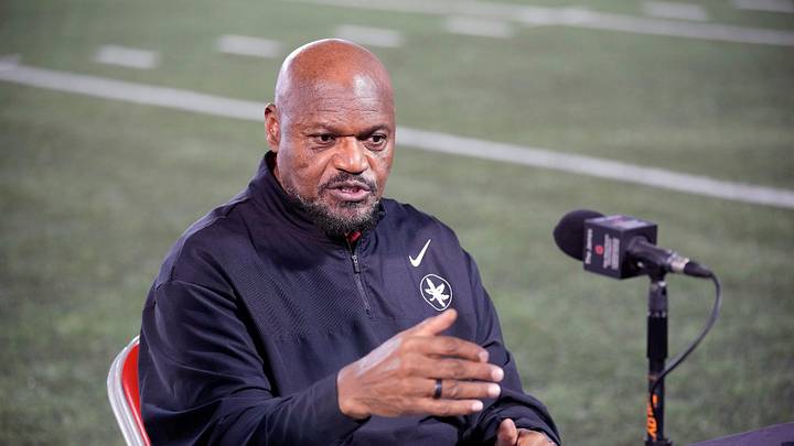 Ohio State defensive line coach Larry Johnson speaks to the meeting during a press conference before the start of spring football at the Woody Hayes Athletic Center on March 7, 2025.