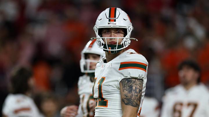 Jan 19, 2026; Miami Gardens, FL, USA; Miami Hurricanes quarterback Carson Beck (11) practices before the College Football Playoff National Championship game at Hard Rock Stadium. Mandatory Credit: Nathan Ray Seebeck-Imagn Images
