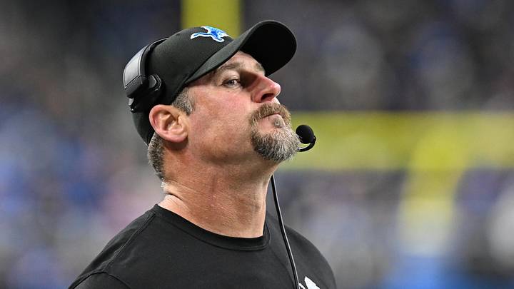 Dec 15, 2024; Detroit, Michigan, USA; Detroit Lions head coach Dan Campbell reacts after the Buffalo Bills scored a touchdown on their first play after recovering an onside kick attempt by the Lions in the fourth quarter at Ford Field. Mandatory Credit: Lon Horwedel-Imagn Images