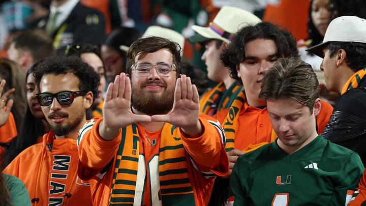 Jan 19, 2026; Miami Gardens, FL, USA; Miami Hurricanes fans reacts before the College Football Playoff National Championship game at Hard Rock Stadium. Mandatory Credit: Nathan Ray Seebeck-Imagn Images