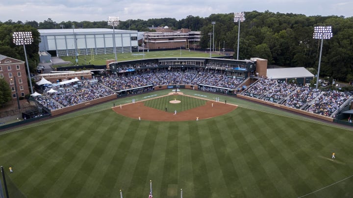 Jun 3, 2024; Chapel Hill, NC, USA; The North Carolina Tar Heels and Louisiana State Tigers face off in the Div. I NCAA baseball regional at Boshamer Stadium.  Mandatory Credit: Jeffrey Camarati-USA TODAY Sports
