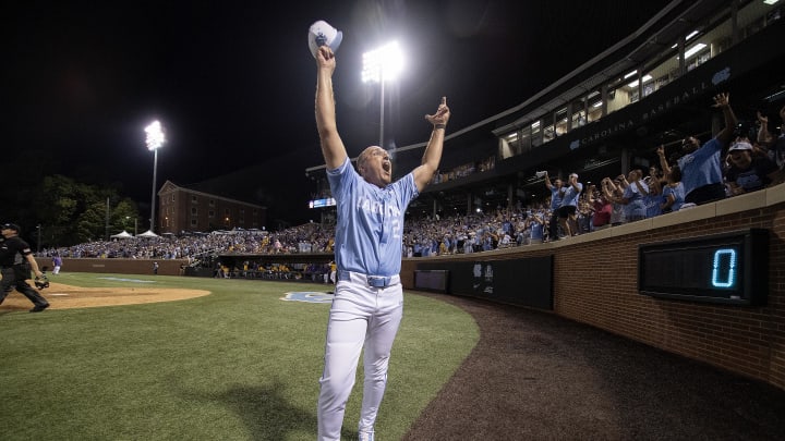 Jun 3, 2024; Chapel Hill, NC, USA; North Carolina Tar Heels Head Coach Scott Forbes (21) celebrates his team’s win over the Louisiana State Tigers in the Div. I NCAA baseball regional at Boshamer Stadium.  Mandatory Credit: Jeffrey Camarati-USA TODAY Sports
