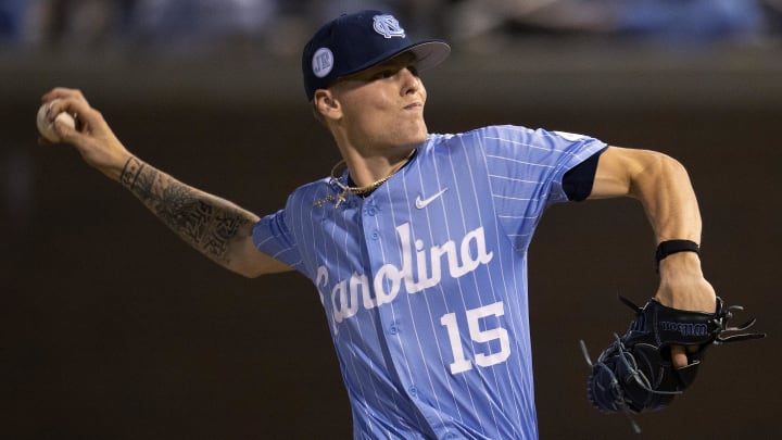 Jun 2, 2024; Chapel Hill, NC, USA; North Carolina Tar Heels pitcher Cameron Padgett (15) pitches against the Louisiana State Tigers in the eighth inning of the Div. I NCAA baseball regional at Boshamer Stadium.  Mandatory Credit: Jeffrey Camarati-USA TODAY Sports
