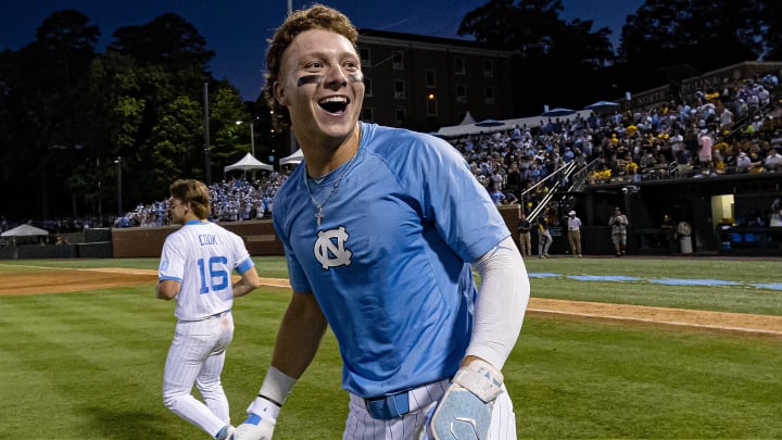 Jun 7, 2024; Chapel Hill, NC, USA; North Carolina Tar Heels Vance Honeycutt (7) celebrates his team’s win over the West Virginia Mountaineers in the DI Baseball Super Regional at Boshamer Stadium.  Mandatory Credit: Jeffrey Camarati-USA TODAY Sports
