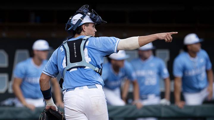 Jun 3, 2024; Chapel Hill, NC, USA;  North Carolina Tar Heels catcher Luke Stevenson (44) reacts to a catch ending the second inning against the Louisiana State Tigers  during the Div. I NCAA baseball regional at Boshamer Stadium.  Mandatory Credit: Jeffrey Camarati-Imagn Images
