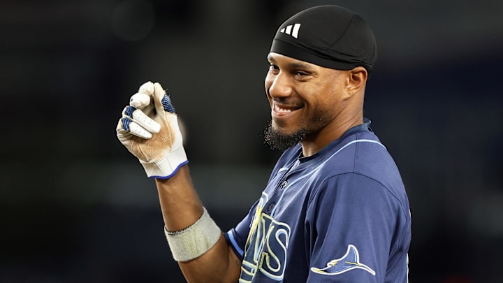 Aug 29, 2025; Washington, District of Columbia, USA; Tampa Bay Rays outfielder Chandler Simpson (14) celebrates after hitting an RBI single during the ninth inning against the Washington Nationals at Nationals Park. Mandatory Credit: Daniel Kucin Jr.-Imagn Images