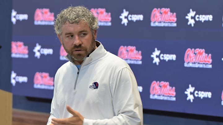 Ole Miss head football coach Pete Golding speaks at a press conference at the Manning Center at the University of Mississippi in Oxford, Miss. on Thursday, December 11, 2025.