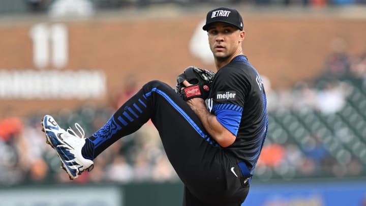 Jun 21, 2024; Detroit, Michigan, USA; Detroit Tigers starting pitcher Jack Flaherty (9) throws a pitch against the Chicago White Sox in the first inning at Comerica Park. Mandatory Credit: Lon Horwedel-USA TODAY Sports