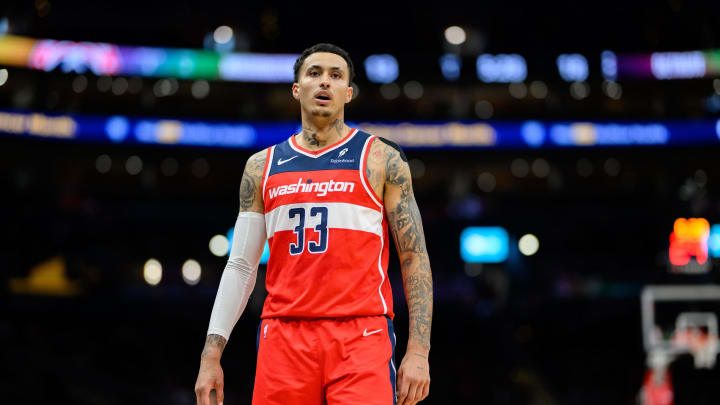 Mar 29, 2024; Washington, District of Columbia, USA; Washington Wizards forward Kyle Kuzma (33) looks on during the second quarter against the Detroit Pistons at Capital One Arena. Mandatory Credit: Reggie Hildred-USA TODAY Sports