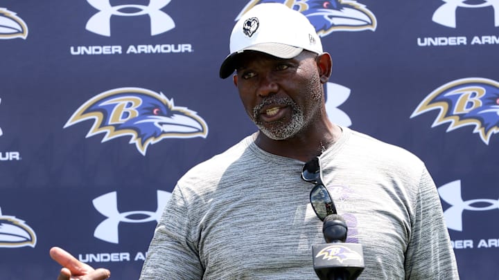Jun 10, 2025; Baltimore, MD, USA; Baltimore Ravens offensive line coach George Warhop speaks after an NFL OTA at Under Armour Performance Center. Mandatory Credit: Daniel Kucin Jr.-Imagn Images