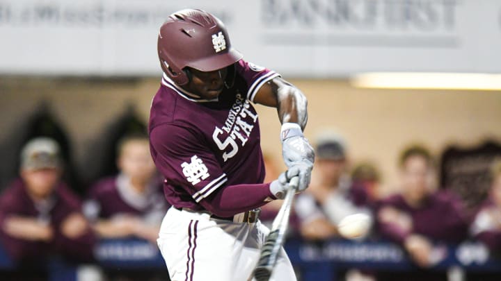 Mississippi State outfielder Dakota Jordan (42) singles against Ole Miss at Swayze Field in Oxford, Miss., on Friday, Apr. 12, 2024.