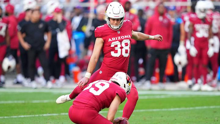 Dec 7, 2025; Glendale, Arizona, USA; Arizona Cardinals kicker Chad Ryland (38) kicks a field goal during the first half at State Farm Stadium. Mandatory Credit: Joe Camporeale-Imagn Images