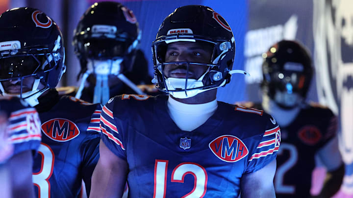 Dec 20, 2025; Chicago, Illinois, USA; Chicago Bears wide receiver Devin Duvernay (12) takes the field before the game against the Green Bay Packers at Soldier Field. Mandatory Credit: Mike Dinovo-Imagn Images