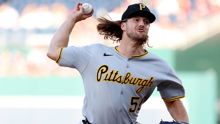 Sep 13, 2025; Washington, District of Columbia, USA; Pittsburgh Pirates pitcher Carmen Mlodzinski (50) throws during the seventh inning against the Washington Nationals at Nationals Park. Mandatory Credit: Daniel Kucin Jr.-Imagn Images