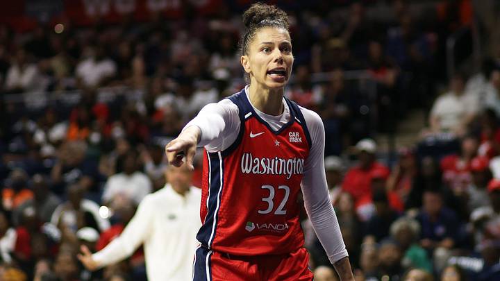 Aug 24, 2025; Washington, District of Columbia, USA; Washington Mystics forward Alysha Clark (32) looks on during the first half against the Seattle Storm at CareFirst Arena. Mandatory Credit: Daniel Kucin Jr.-Imagn Images