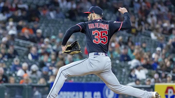 May 20, 2026; Detroit, Michigan, USA; Cleveland Guardians pitcher Colin Holderman (35) delivers during the ninth inning against the Detroit Tigers at Comerica Park. Mandatory Credit: David Reginek-Imagn Images