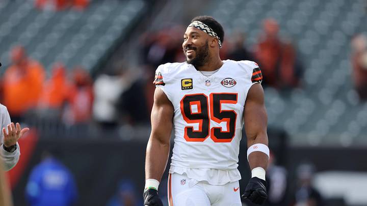 Dec 22, 2024; Cincinnati, Ohio, USA;  Cleveland Browns defensive end Myles Garrett (95) warms up before a game against the Cincinnati Bengals at Paycor Stadium. 