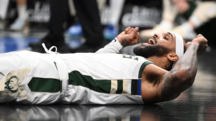 Milwaukee Bucks guard Gary Trent Jr. reacts after getting knocked to the floor while being fouled by the Detroit Pistons in the second quarter at Little Caesars Arena on December 3, 2024.