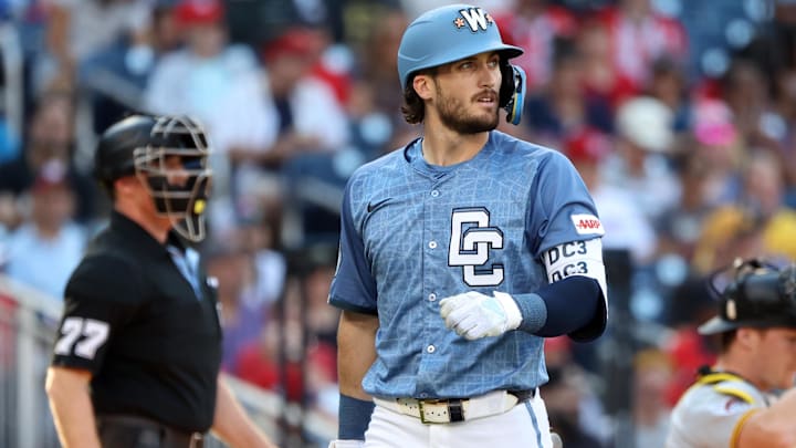 Sep 13, 2025; Washington, District of Columbia, USA; Washington Nationals outfielder Dylan Crews (3) looks on during the third inning against the Pittsburgh Pirates at Nationals Park. Mandatory Credit: Daniel Kucin Jr.-Imagn Images