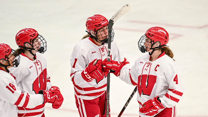 Wisconsin Badgers defender Caroline Harvey (4) congratulates left wing Kelly Gorbatenko (7) after Gorbatenko scored against the Bemidji State Beavers in the third period of a WCHA first-round game Saturday, March 1, 2025, at LaBahn Arena in Madison, Wisconsin. Wisconsin Badgers defender Caroline Harvey (4) congratulates left wing Kelly Gorbatenko (7) after Gorbatenko scored against the Bemidji State Beavers in the third period of a WCHA first-round game Saturday, March 1, 2025, at LaBahn Arena in Madison, Wisconsin.