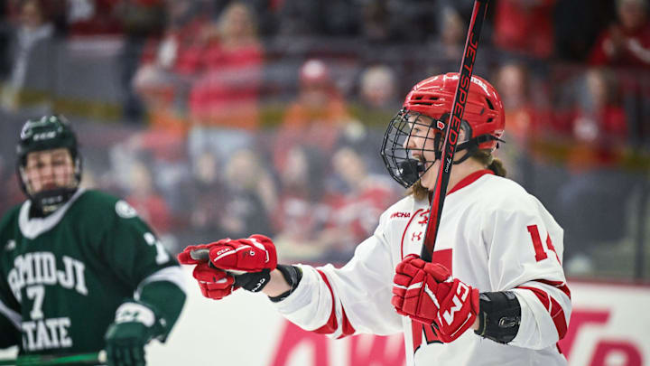 Wisconsin Badgers center Maggie Scannell (14) celebrates her goal against the Bemidji State Beavers in the first period of a WCHA first-round game Saturday, March 1, 2025, at LaBahn Arena in Madison, Wisconsin.