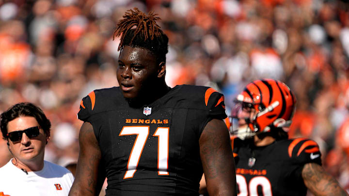 Cincinnati Bengals offensive tackle Amarius Mims (71) during a timeout Paycor Stadium Sunday, November 3, 2024.