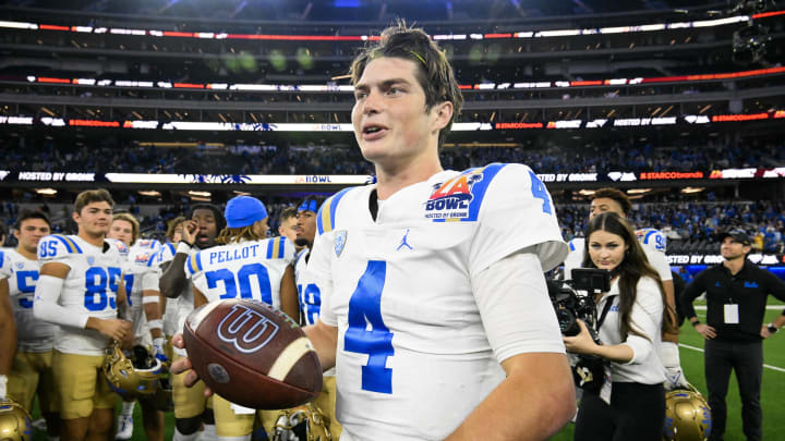 Dec 16, 2023; Inglewood, CA, USA; UCLA Bruins quarterback Ethan Garbers (4) reacts after defeating the Boise State Broncos in the Starco Brands LA Bowl at SoFi Stadium. Mandatory Credit: Robert Hanashiro-USA TODAY Sports