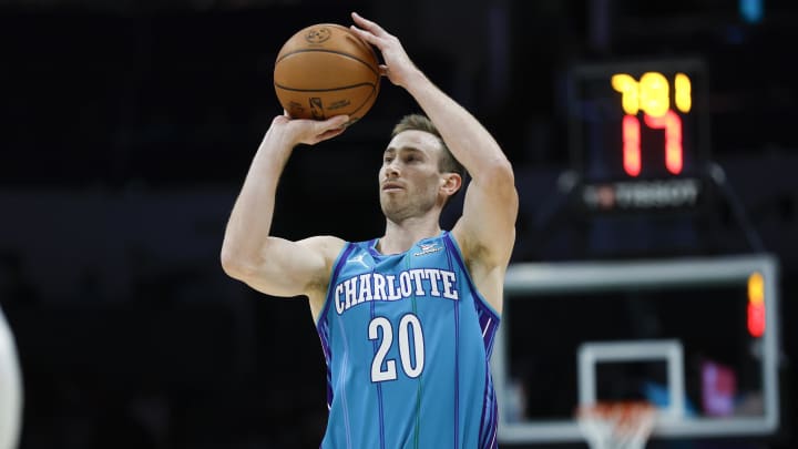 Nov 18, 2023; Charlotte, North Carolina, USA; Charlotte Hornets forward Gordon Hayward (20) shoots the ball against the New York Knicks during the first quarter at Spectrum Center. Mandatory Credit: Nell Redmond-USA TODAY Sports