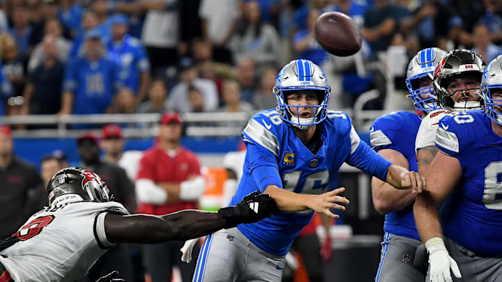 Sep 15, 2024; Detroit, Michigan, USA; Detroit Lions quarterback Jared Goff (16) throws a pass against the Tampa Bay Buccaneers in the fourth quarter at Ford Field. Mandatory Credit: Eamon Horwedel-Imagn Images