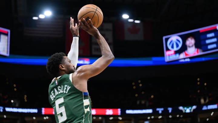 Apr 2, 2024; Washington, District of Columbia, USA; Milwaukee Bucks guard Malik Beasley (5) takes a shot during the second quarter against the Washington Wizards at Capital One Arena. Mandatory Credit: Reggie Hildred-USA TODAY Sports