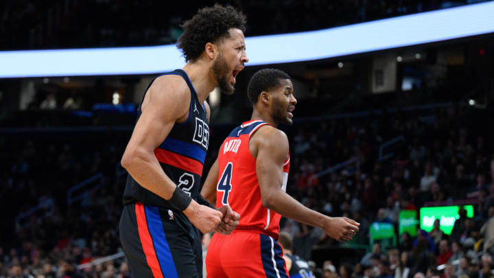 Mar 29, 2024; Washington, District of Columbia, USA; Detroit Pistons guard Cade Cunningham (2) reacts after scoring a basket against the Washington Wizards during the third quarter at Capital One Arena. Mandatory Credit: Reggie Hildred-USA TODAY Sports