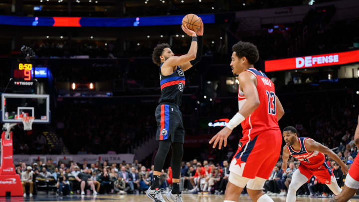 Mar 29, 2024; Washington, District of Columbia, USA; Detroit Pistons guard Cade Cunningham (2) takes a shot against the Washington Wizards during the fourth quarter at Capital One Arena. Mandatory Credit: Reggie Hildred-USA TODAY Sports