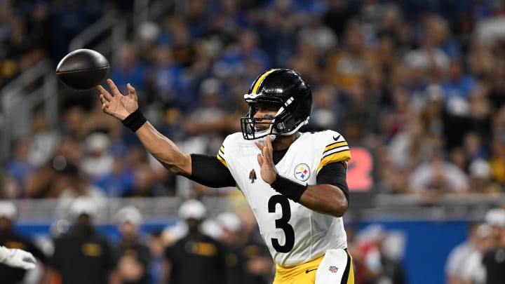 Aug 24, 2024; Detroit, Michigan, USA;  Pittsburgh Steelers quarterback Russell Wilson (3) throws a pass against the Detroit Lions in the first quarter at Ford Field. Mandatory Credit: Lon Horwedel-USA TODAY Sports