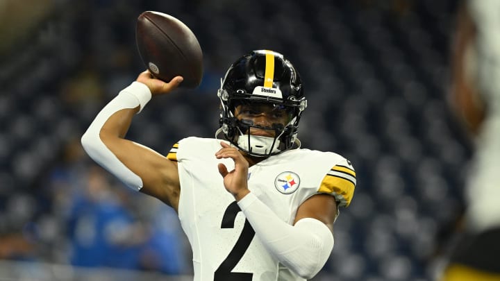 Aug 24, 2024; Detroit, Michigan, USA;  Pittsburgh Steelers quarterback Justin Fields (2) warms up before their game against the Detroit Lions at Ford Field. Mandatory Credit: Lon Horwedel-USA TODAY Sports