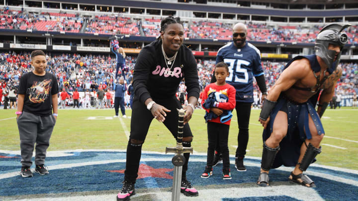 Tennessee Titans alumni Chris Johnson and Derrick Mason serve as the Twelfth Men before the game against the Tampa Bay Buccaneers at Nissan Stadium Sunday, Oct. 27, 2019 in Nashville, Tenn.

Dsc 3693