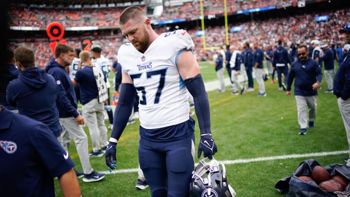 Sep 24, 2023; Cleveland, Ohio, USA; Tennessee Titans linebacker Luke Gifford (57) leaves the field late in the fourth quarter against the Cleveland Browns at Cleveland Browns Stadium. Mandatory Credit: Andrew Nelles-USA TODAY Sports