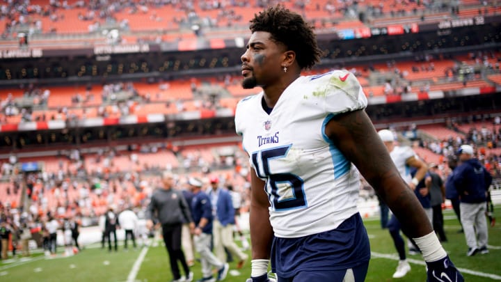 Tennessee Titans wide receiver Treylon Burks (16) leaves the field after losing to the Cleveland Browns 27-3 in Cleveland, Ohio, Sunday, Sept. 24, 2023.