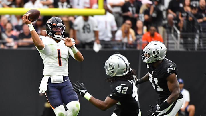 Justin Fields fires a pass against the Raiders in 2021, the last game the Bears won the road over a winning team that used its starters. Justin Fields fires a pass against the Raiders in 2021, the last game the Bears won the road over a winning team that used its starters.