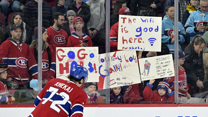 Mar 3, 2025; Montreal, Quebec, CAN; Montreal Canadiens defenseman Arber Xhekaj (72) skates during the warmup period before the game against the Buffalo Sabres at the Bell Centre. Mandatory Credit: Eric Bolte-Imagn Images