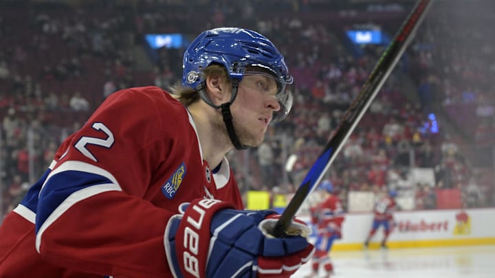 Apr 5, 2025; Montreal, Quebec, CAN; Montreal Canadiens forward Patrik Laine (92) skates during the warmup period before the game against the Philadelphia Flyers at the Bell Centre. Mandatory Credit: Eric Bolte-Imagn Images