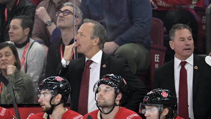 Feb 15, 2025; Montreal, Quebec, CAN; [Imagn Images direct customers only] Team Canada head coach Jon Cooper in the first period during a 4 Nations Face-Off ice hockey game against Team United States at the Bell Centre. Mandatory Credit: Eric Bolte-Imagn Images