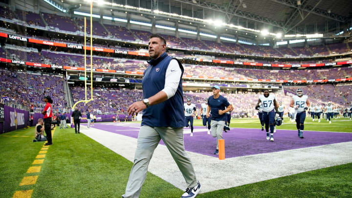 Tennessee Titans Head Coach Mike Vrabel heads off the field during warmups at U.S. Bank Stadium in Minneapolis, Minn., Saturday, Aug. 19, 2023. Vrabel was fired by owner Amy Adams Strunk Monday after having two consecutive losing seasons.