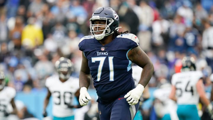 Tennessee Titans guard Dennis Daley (71)leaves the field during the third quarter at Nissan Stadium Sunday, Dec. 11, 2022, in Nashville, Tenn.

Nfl Jacksonville Jaguars At Tennessee Titans