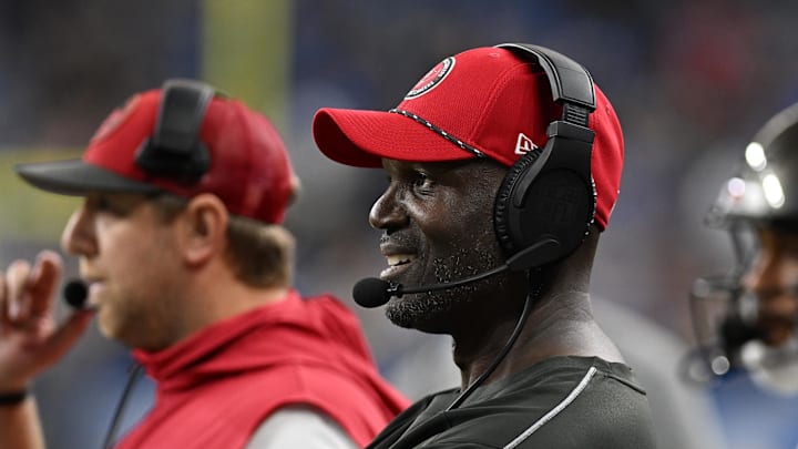 Sep 15, 2024; Detroit, Michigan, USA; Tampa Bay Buccaneers head coach Todd Bowles reacts after the Buccaneers defense stopped the Detroit Lions on a fourth down play late in the fourth quarter at Ford Field. Mandatory Credit: Lon Horwedel-Imagn Images