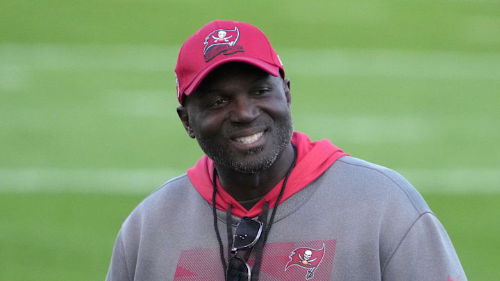 Nov 11, 2022; Munich, Germany; Tampa Bay Buccaneers head coach Todd Bowles reacts during practice at the FC Bayern Campus. Mandatory Credit: Kirby Lee-Imagn Images Nov 11, 2022; Munich, Germany; Tampa Bay Buccaneers head coach Todd Bowles reacts during practice at the FC Bayern Campus. Mandatory Credit: Kirby Lee-Imagn Images
