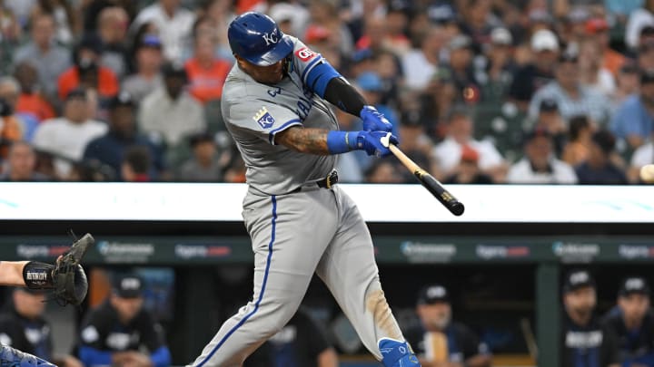 Kansas City Royals first baseman Salvador Perez (13) hits a double against the Detroit Tigers in the seventh inning at Comerica Park on Aug 2.