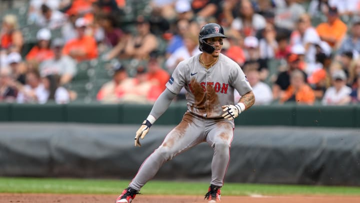 Boston Red Sox outfielder Jarren Duran (16) takes a lead off of first base during the first inning against the Baltimore Orioles at Oriole Park at Camden Yards on Aug 18.