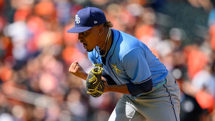 Tampa Bay Rays pitcher Edwin Uceta (63) celebrates after the final out in the game between the Baltimore Orioles and the Tampa Bay Rays at Oriole Park at Camden Yards on Sept 8.