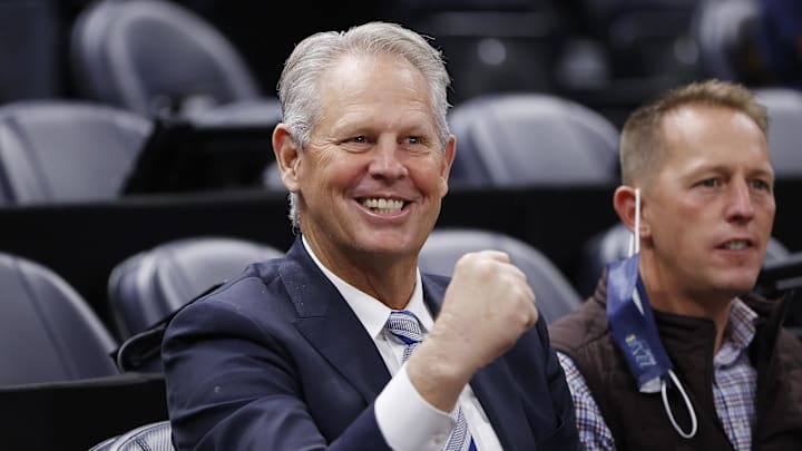 Dec 15, 2021; Salt Lake City, Utah, USA;  Danny Ainge watches pregame activities after he was Appointed Alternate Governor and CEO of Utah Jazz Basketball prior to their game against the LA Clippers at Vivint Arena. Mandatory Credit: Jeffrey Swinger-Imagn Images